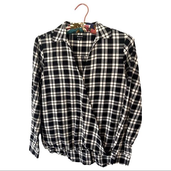 MADEWELL  black and white checkered cross too long sleeve blouse - Picture 1 of 7